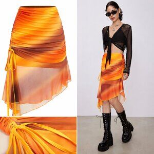 CIDER Miami Sunset Mesh Ruched Asymmetrical Midi Skirt Orange Size Large NWT